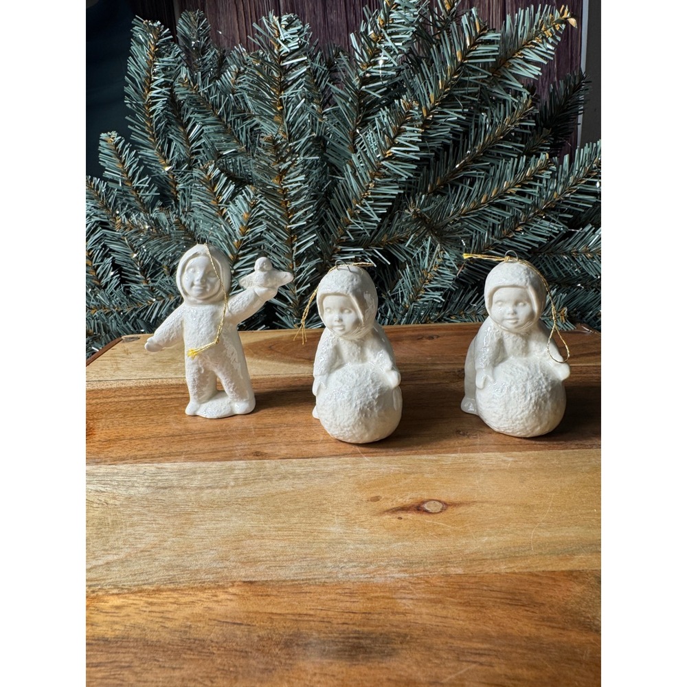 Ceramic Snow Children Christmas Ornaments Set 3 White Vintage Style 3 Inch